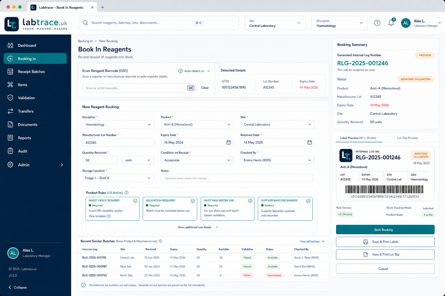ReagentDiary booking in preview